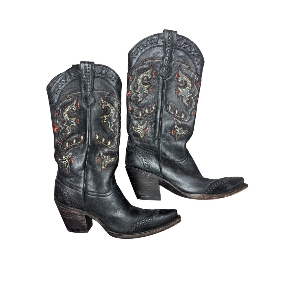 Lucchese Womens Black Leather Embroidered Western Cowboy Boots Pointed Toe S8.5 - Picture 8 of 10